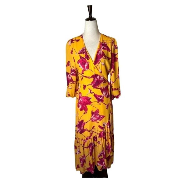 Color Me Courtney Dress Womens Small Yellow Red Floral Print Eleanor Wrap Midi - Picture 2 of 12
